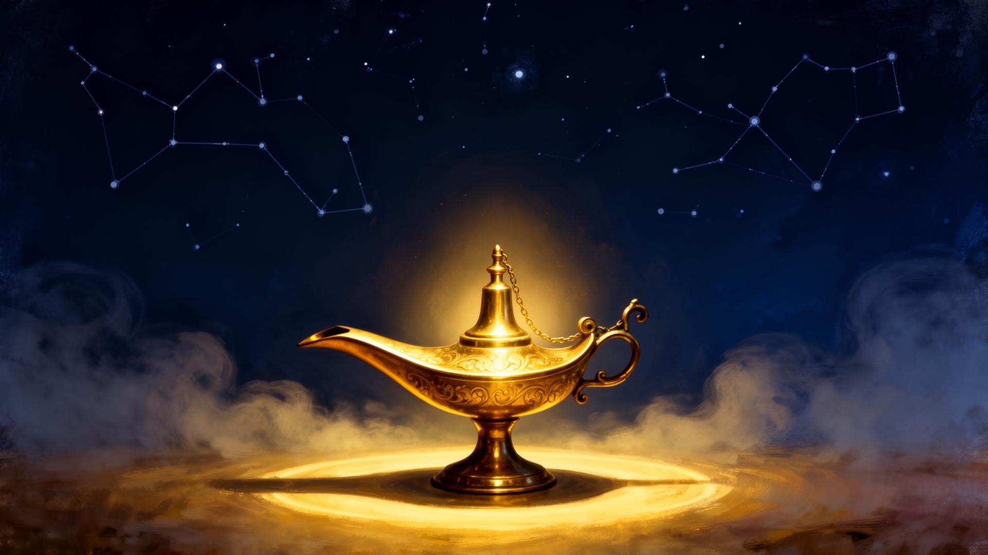 A glowing brass lantern beneath a night sky of constellations